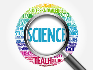 SCIENCE word cloud with magnifying glass, concept 3D illustration