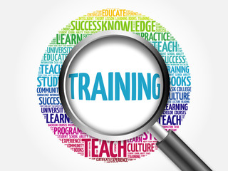 TRAINING word cloud with magnifying glass, concept 3D illustration