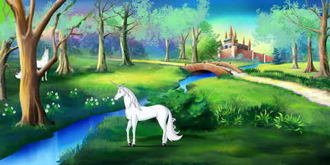 White Unicorn in a Magic Forest Near a Fairy Tale  Castle © multipedia