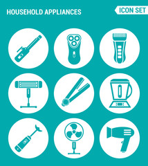 Vector set web icons. Household Appliances hair dryers, curling irons, electric shavers, shaving machine, heater, blender, food processor, fan. Design signs, symbols a turquoise background