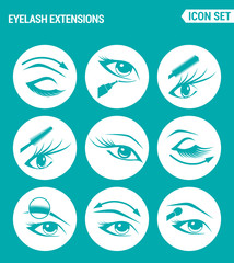 Vector set web icons. Eyelash extensions, eyes, mascara, eye shadow, eyebrow, eyeliner, increasing the volume of eyelashes. Design of signs, symbols on a turquoise background