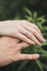 Close up of hands  couple showing the wedding ring