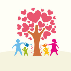 A happy family. Multicolored figures, loving family members. Family watering the tree of love.