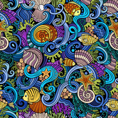 Cartoon doodles under water life seamless pattern