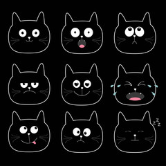 Cute black cat head set. Funny cartoon characters. Different emotions faces collection. Expression face icons Crying, happy, smiling, snoring, sad, angry kitten. Cat feelings White background.  Flat