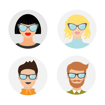 Avatar people icon set. Cute cartoon character. Diverse face collection. Men women wearing eyeglasses.. Male female head with sunglasses. Round shape. Flat design style. White background. Isolated.