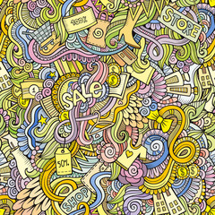 Cartoon vector doodles hand drawn sale shopping seamless pattern