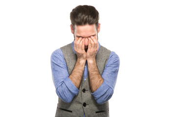 stressed man upset frustrated white background