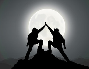 silhouette of 2 men,mountain top, moonlight