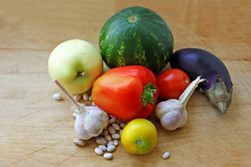 Vegetables on a wooden surface.