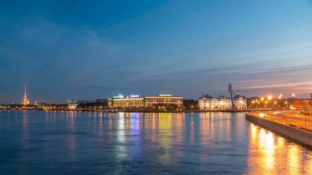 Nakhimov Naval School and the Peter and Paul Fortress, the view from the Liteyniy bridge without Aurora day to night timelapse. St. Petersburg