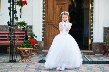 Portrait of cute little girl on white dress and wreath on first