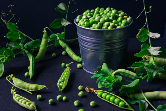Green pea pods in a tin on black background