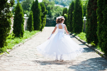Portrait of cute little girl on white dress and wreath of first