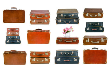 Collage of retro travel suitcases isolated on white. Set of old suitcases. Vintage baggage. Vintage...