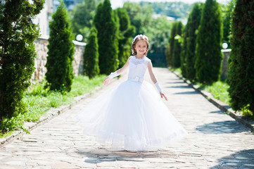 Portrait of cute little girl on white dress and wreath of first