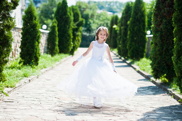 Portrait of cute little girl on white dress and wreath of first