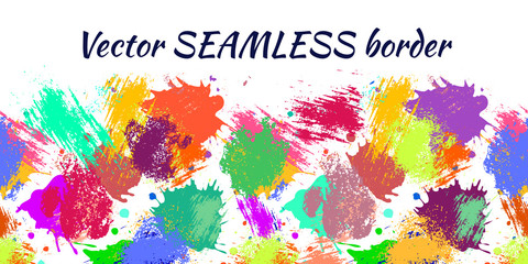 Vector seamless pattern with watercolor ink blots, splash and brush strokes. Horizontal banner, seamless border. Colorful creative artistic background. Series of Drawn Vector  Blots, Brush, Strokes.