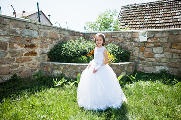 Portrait of cute little girl on white dress and wreath of first