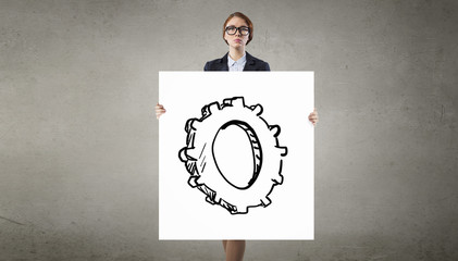 Fototapeta premium Woman with white banner . Mixed media