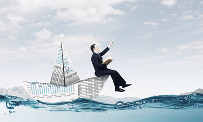 On board of paper ship . Mixed media