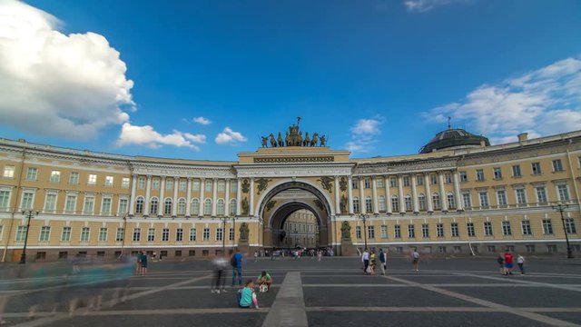 The General Staff building timelapse hyperlapse - a historic building, is located on the Palace Square in St. Petersburg.