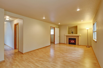 Fireplace and new hardwood floor in empty new house