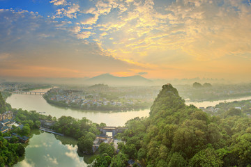 Landscape of Guilin, Li River and Karst mountains. Located near Yangshuo County, Guangxi Province, China