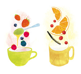 Illustration with the image of a cup of tea, berries