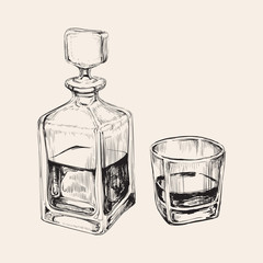 Whiskey Bottle and Glass. Hand Drawn Drink Vector Illustration - obrazy, fototapety, plakaty