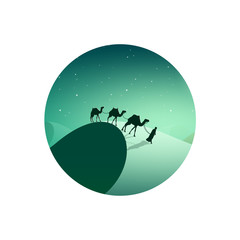 Obraz premium Desert trip. Extreme tourism and travelling. Back to nature. Sands.Exploring Africa. Horizont line with sky,stars.Camels.