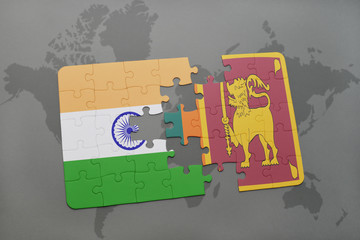 puzzle with the national flag of india and sri lanka on a world map background.