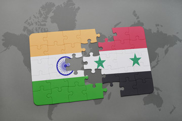 puzzle with the national flag of india and syria on a world map background.