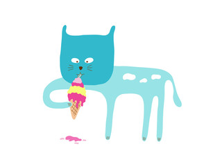 Cat eating ice cream, vector illustration