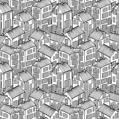 Cartoon Houses set. Monochrome Vector seamless pattern.
