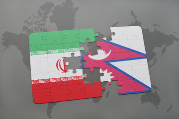 puzzle with the national flag of iran and nepal on a world map background.