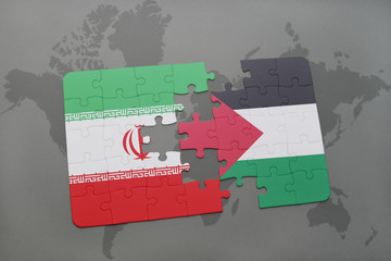puzzle with the national flag of iran and palestine on a world map background.