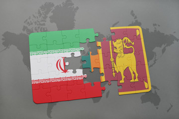 puzzle with the national flag of iran and sri lanka on a world map background.