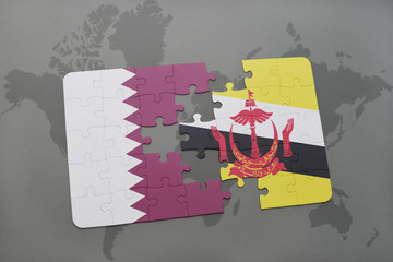 puzzle with the national flag of qatar and brunei on a world map background.