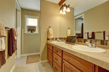 Bathroom interior with wooden cabinets and big mirror