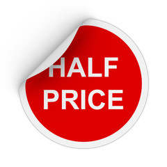 Half Price Text Red Circle Sticker with Peeling Corner 3D Illustration