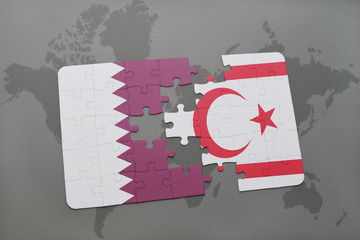 puzzle with the national flag of qatar and northern cyprus on a world map background.