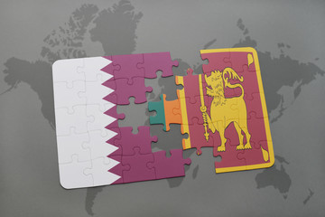 puzzle with the national flag of qatar and sri lanka on a world map background.