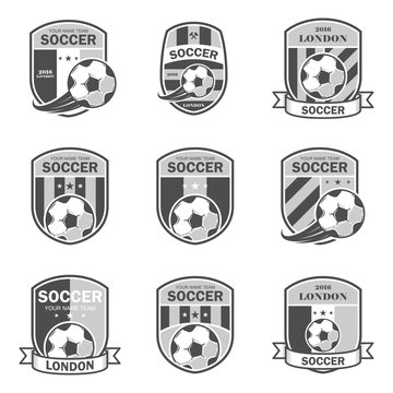 Vector illustration set of logos on football theme, as well as items for the game of football. It can be used as an emblem, logo and template for soccer tournaments.