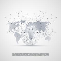 Cloud Computing and Networks Concept with World Map - Global Digital Network Connections, Technology Background, Creative Design Template with Transparent Geometric Grey Wire Mesh