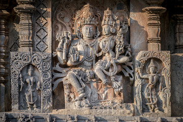 Fototapeta na wymiar Carvings in the Hoysaleshwara Hindu temple, Halebid, India