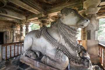 Fototapeta na wymiar Statue of Nandi Bull in the Hoysaleshwara Hindu temple, Halebid, India