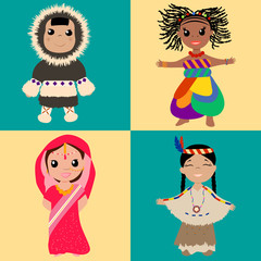 Kids from different countries in national clothes.