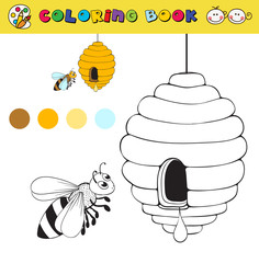 coloring book page template with beehive and bee, color samples
