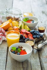 Breakfast - yogurt with fruits granola and coffee
